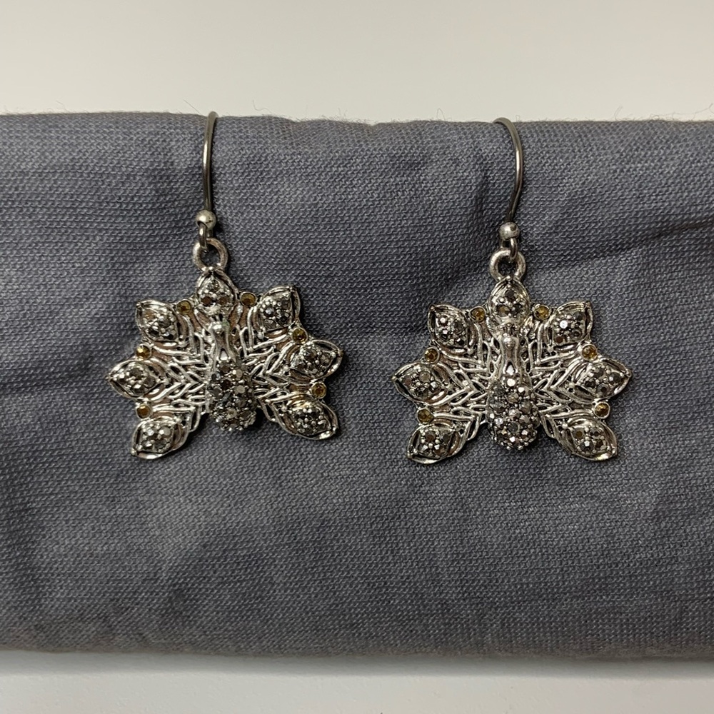 Lucky Brand Peacock Bedazzled Decorative Dangle Charm Silver Tone Earrings - Picture 6 of 9